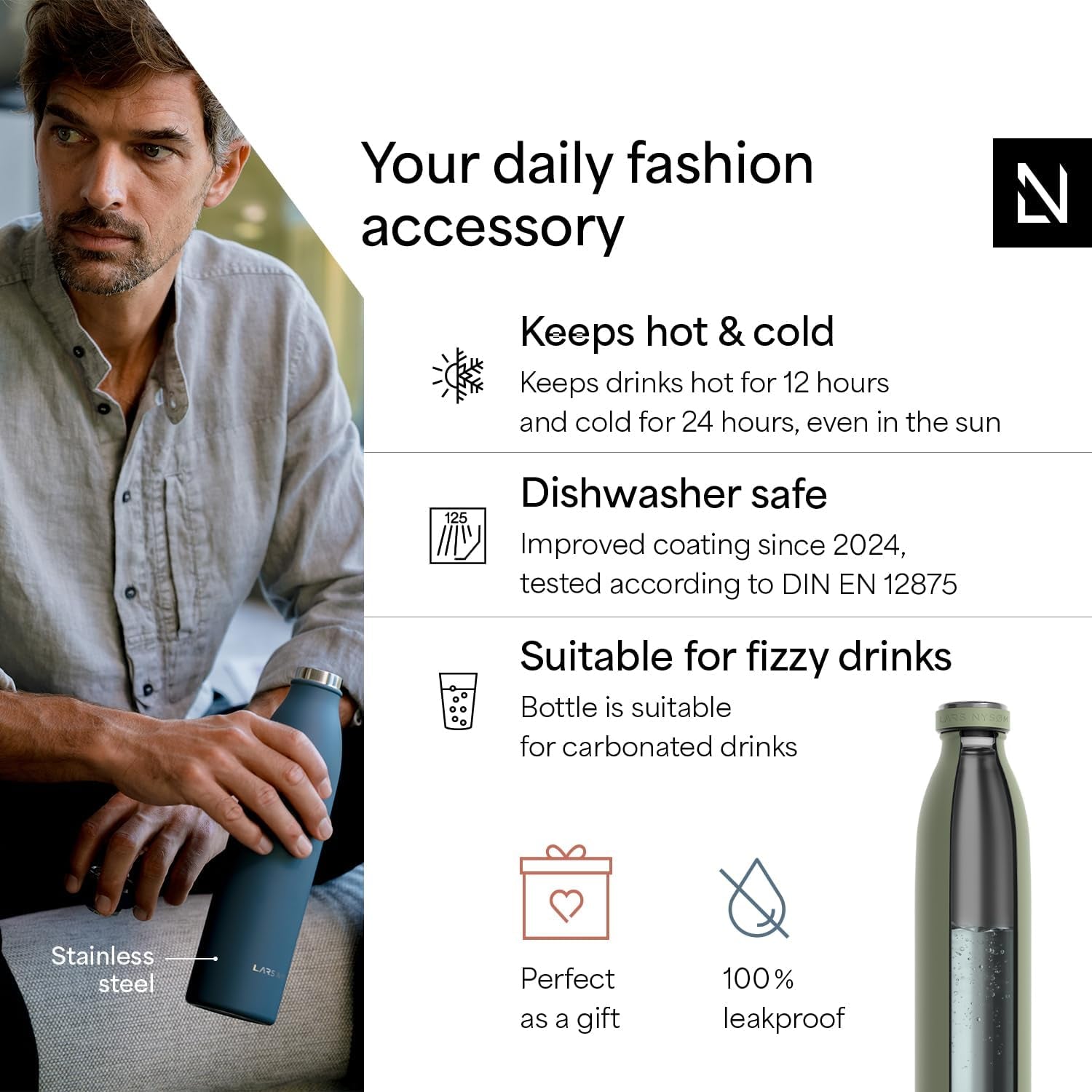 Stainless Steel Insulated Water Bottle 12Oz 17Oz 25Oz 34Oz 51Oz | Insulated Thermo Flask for Hot and Cold Beverages | Leakproof Drinking Bottle (Sage Green, 17Oz)